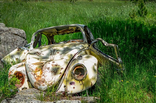 abandoned car in grass